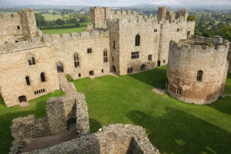 Ludlow Castle inner bailey showing square towers and medieval stone walls