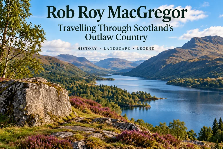 Illustrated view of Rob Roy MacGregor’s country around Loch Katrine in the Scottish Highlands.