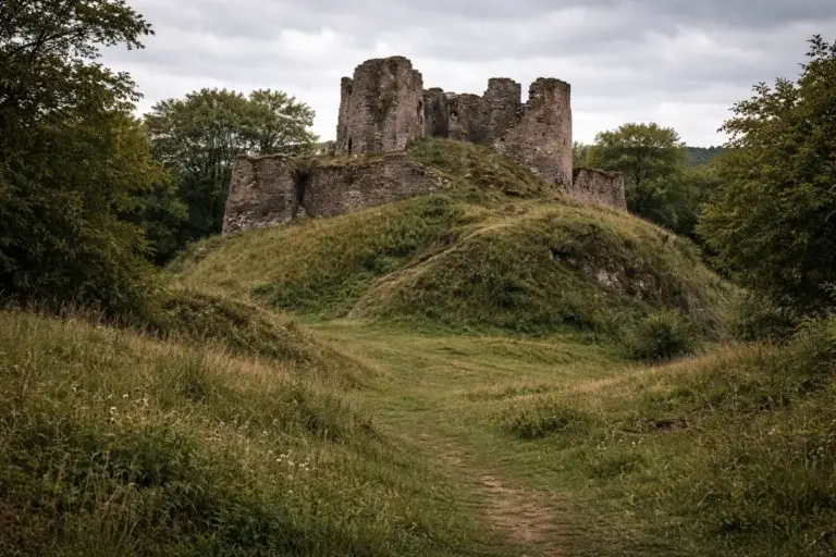 Wigmore Castle ruins in Herefordshire showing grassy earthworks and a Marcher stronghold
