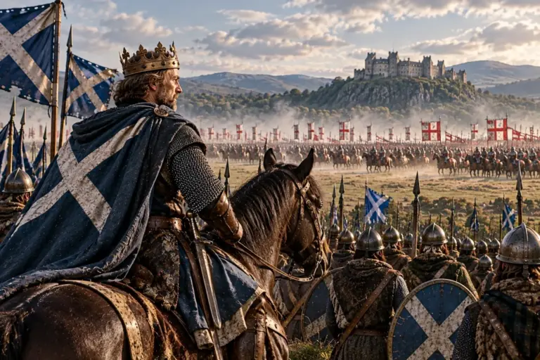 Robert the Bruce on horseback facing the English army with Scottish spearmen at the Battle of Bannockburn in 1314.