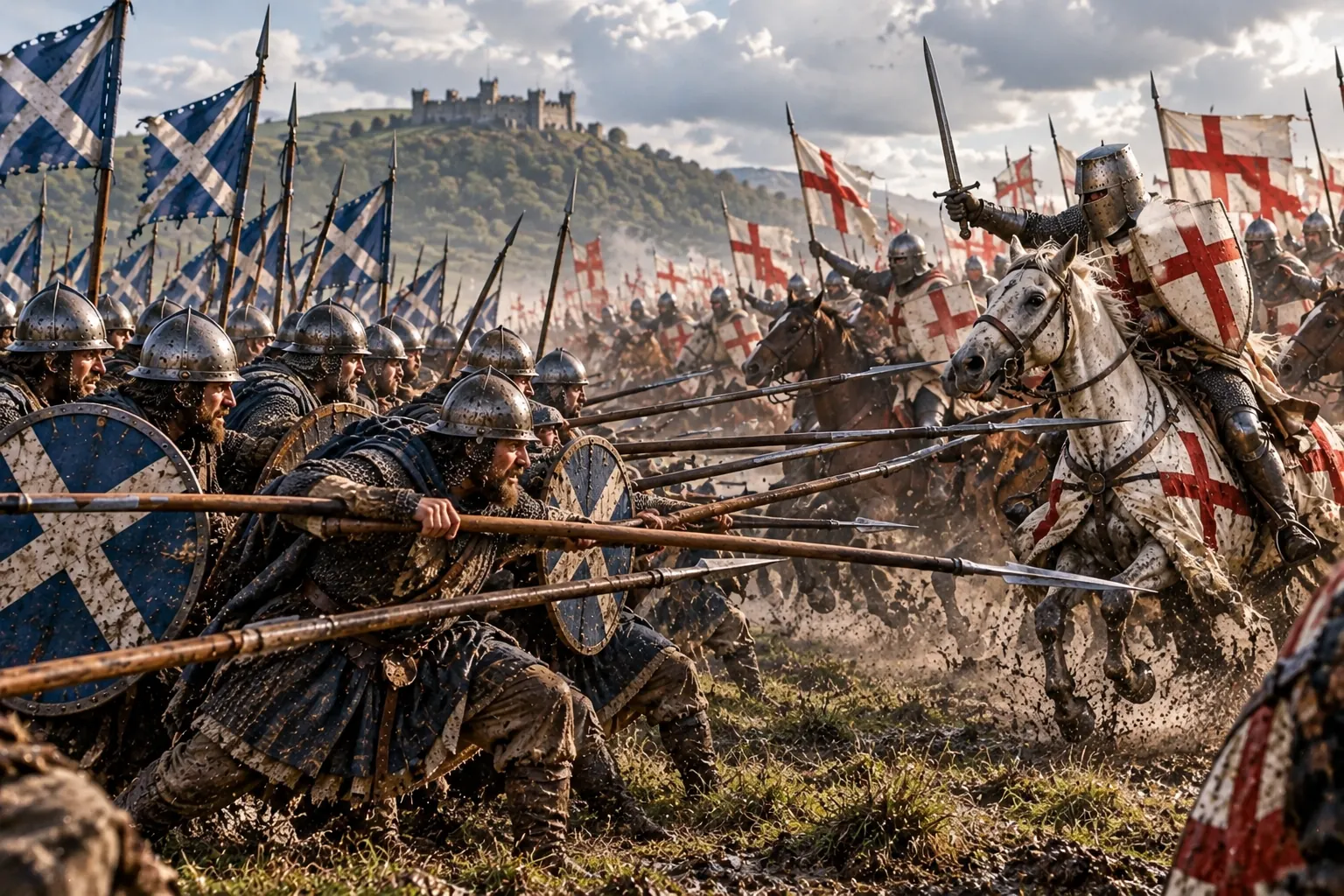 Battle of Bannockburn 1314 – Scottish Schiltrons Scottish spearmen in tightly packed formations confronting mounted English knights at the Battle of Bannockburn in 1314.