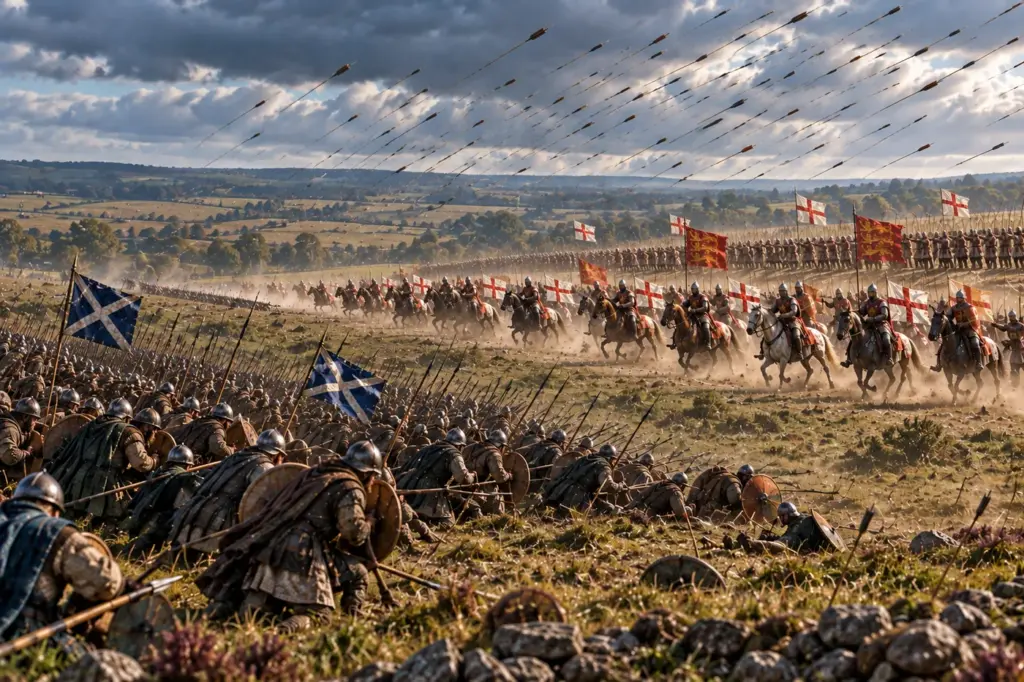 AI historical representation of English archers behind cavalry, arrows falling on Scottish schiltrons at the Battle of Falkirk in 1298.