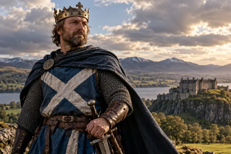 AI historical interpretation of Robert the Bruce wearing a crown and medieval armour overlooking Scotland