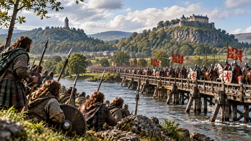 AI-generated depiction of medieval soldiers crossing a wooden bridge near Stirling during the 1297 campaign.