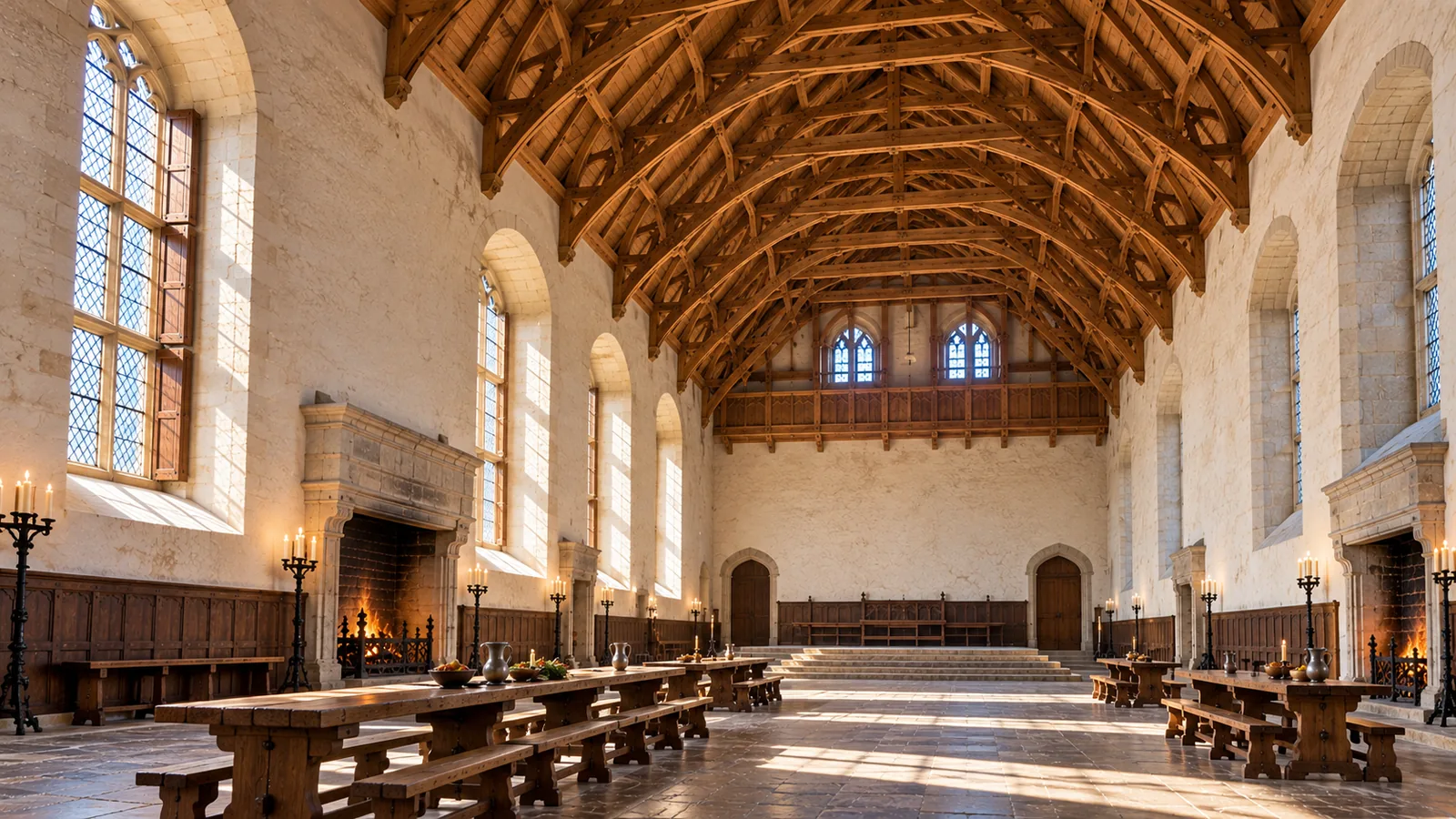 AI representation of the Great Hall at Stirling Castle with a timber roof and royal hall furnishings